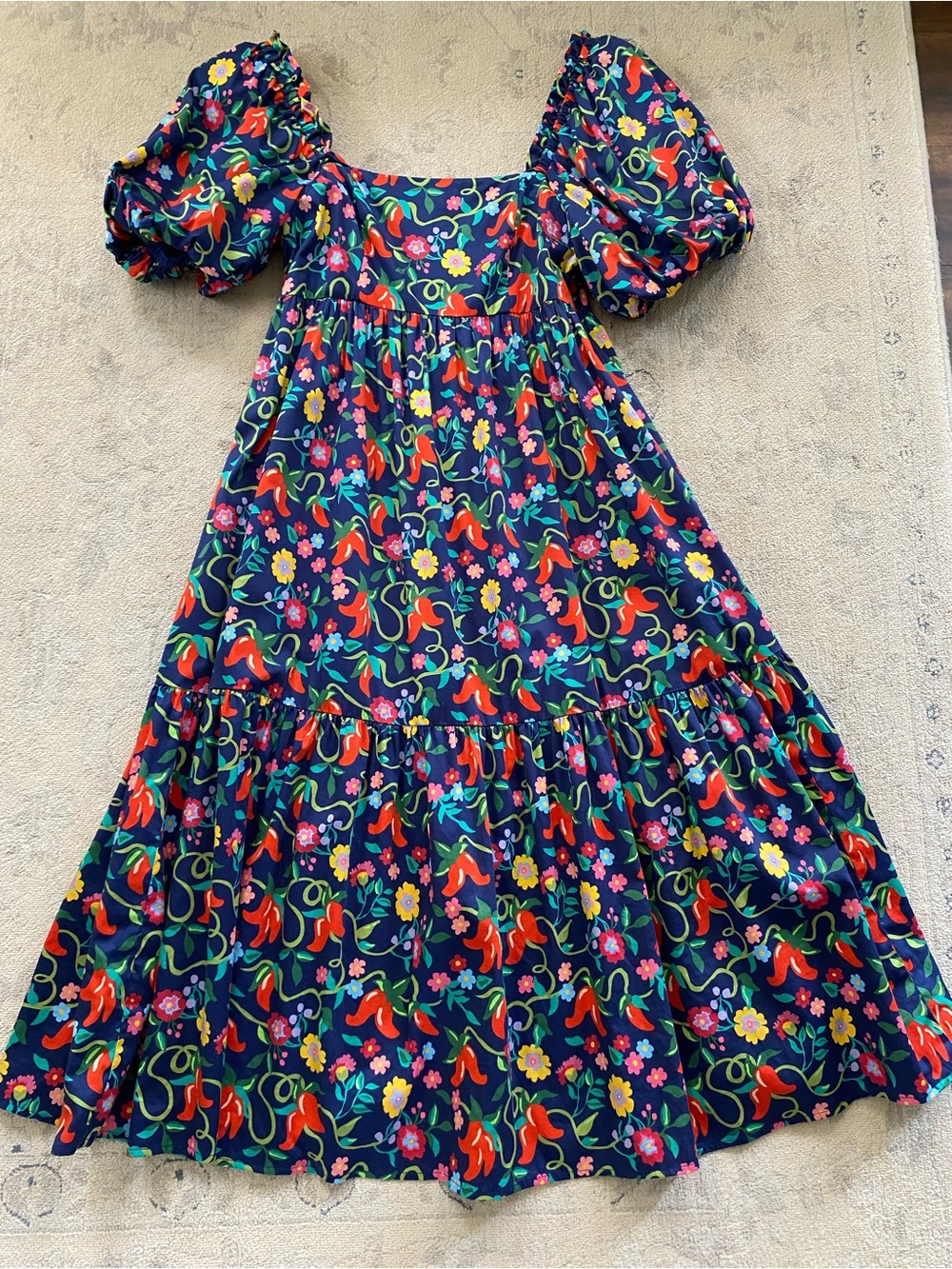 Crosby by Mollie Burch Chili Pepper Floral Dress Medium Navy Red Green Cotton